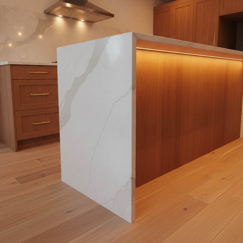 Close-up of a modern kitchen island with a white quartz waterfall edge, warm lighting, wooden cabinetry, and hardwood floors.