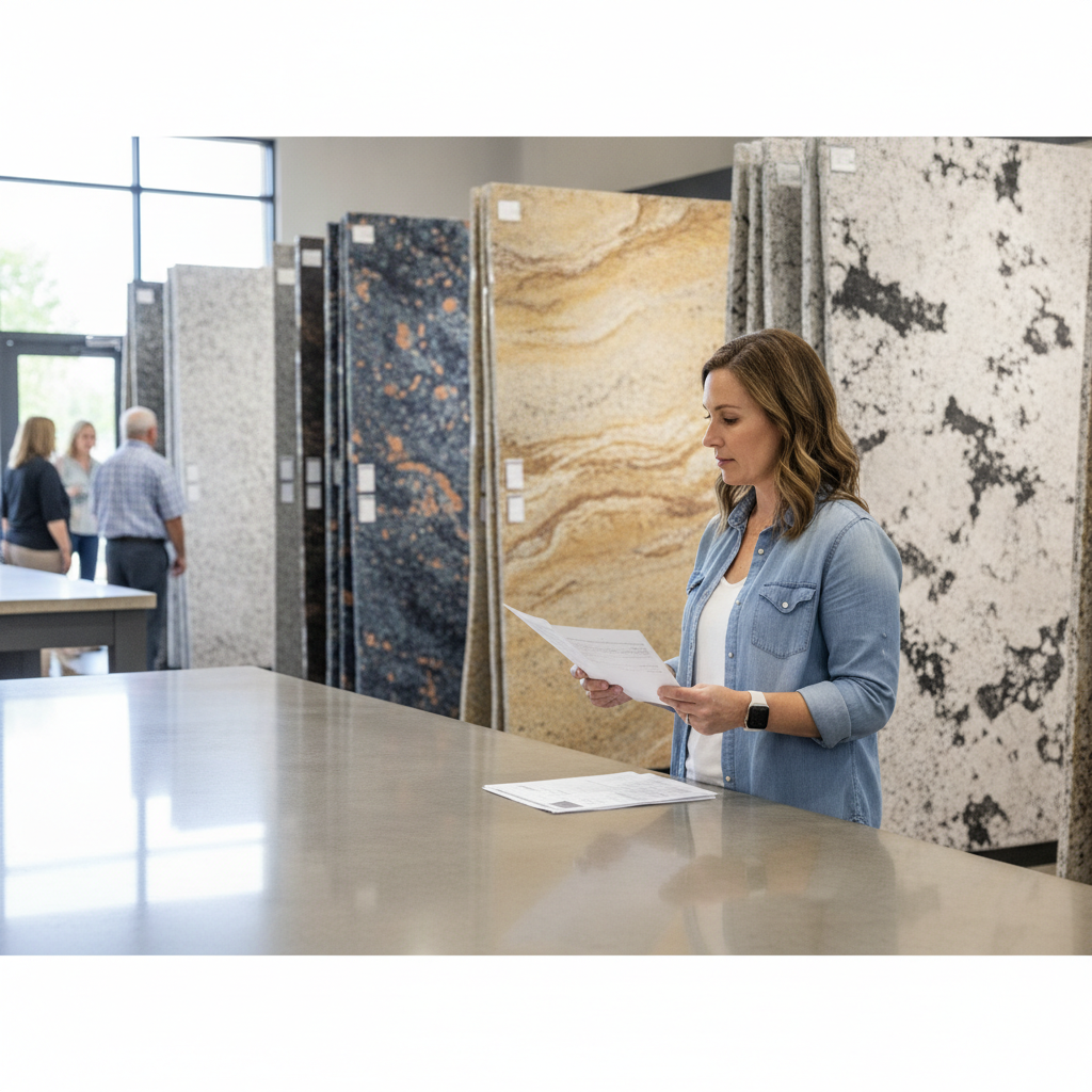 A homeowner reviews quotes at a fabricator showroom, surrounded by granite slabs.