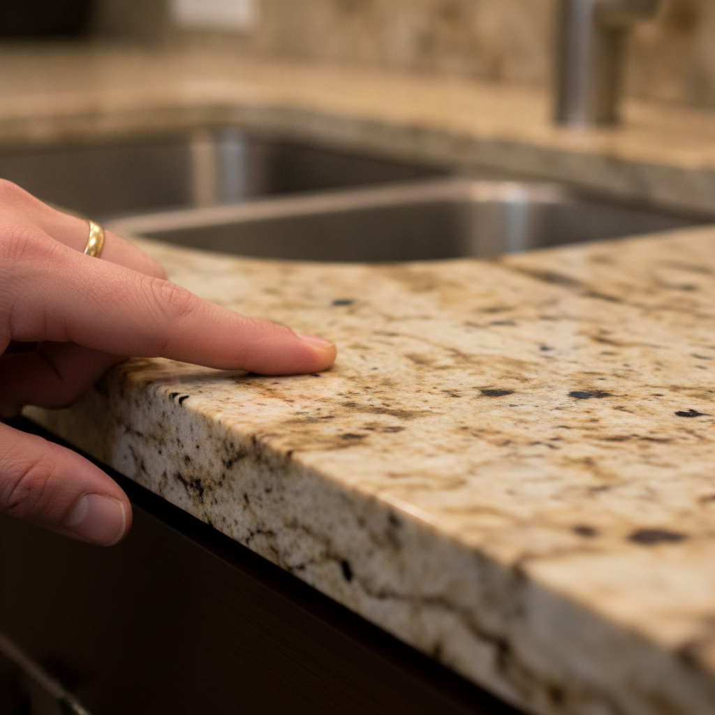 Close-up of a hand tracing a bullnose edge on an exotic veined granite kitchen countertop near an undermount sink.