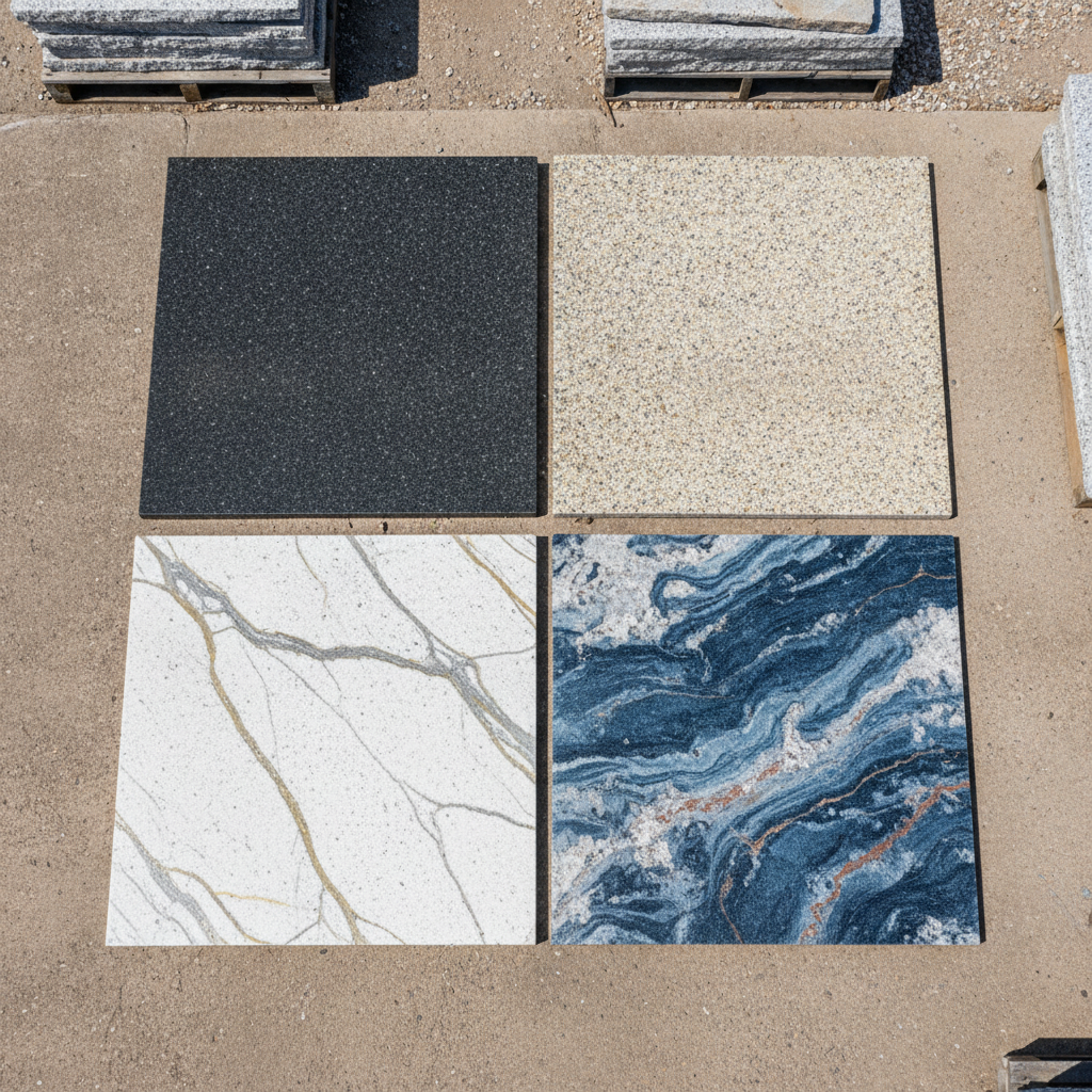 Overhead shot of four granite slab samples ranging from builder-grade to dramatic blue-veined, on a concrete floor.