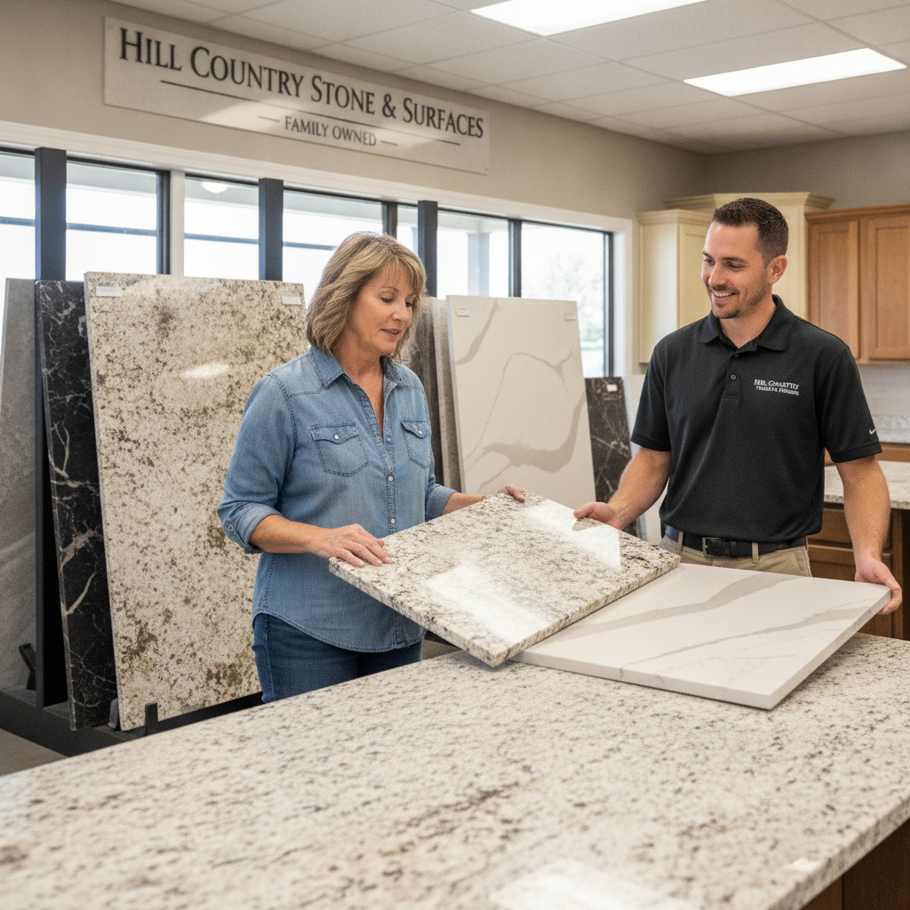 A woman homeowner in a fabricator showroom, comparing different countertop options with a helpful sales representative.