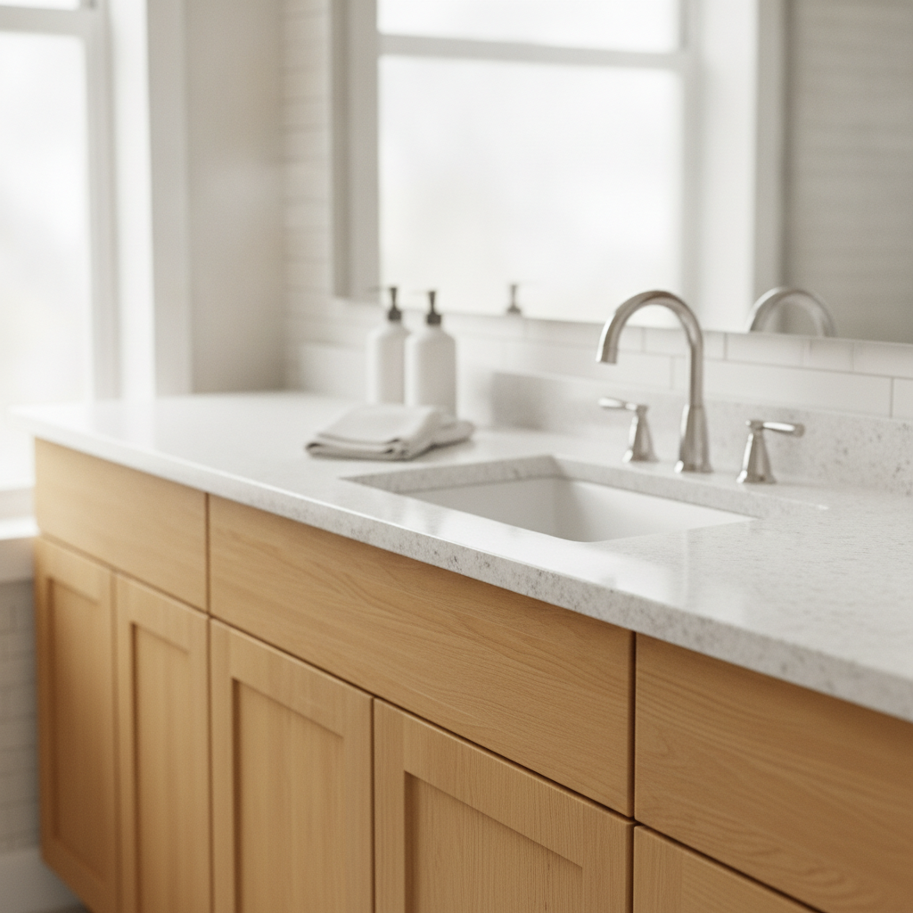 White granite bathroom vanity with undermount sink, honey-oak cabinetry, and natural light.