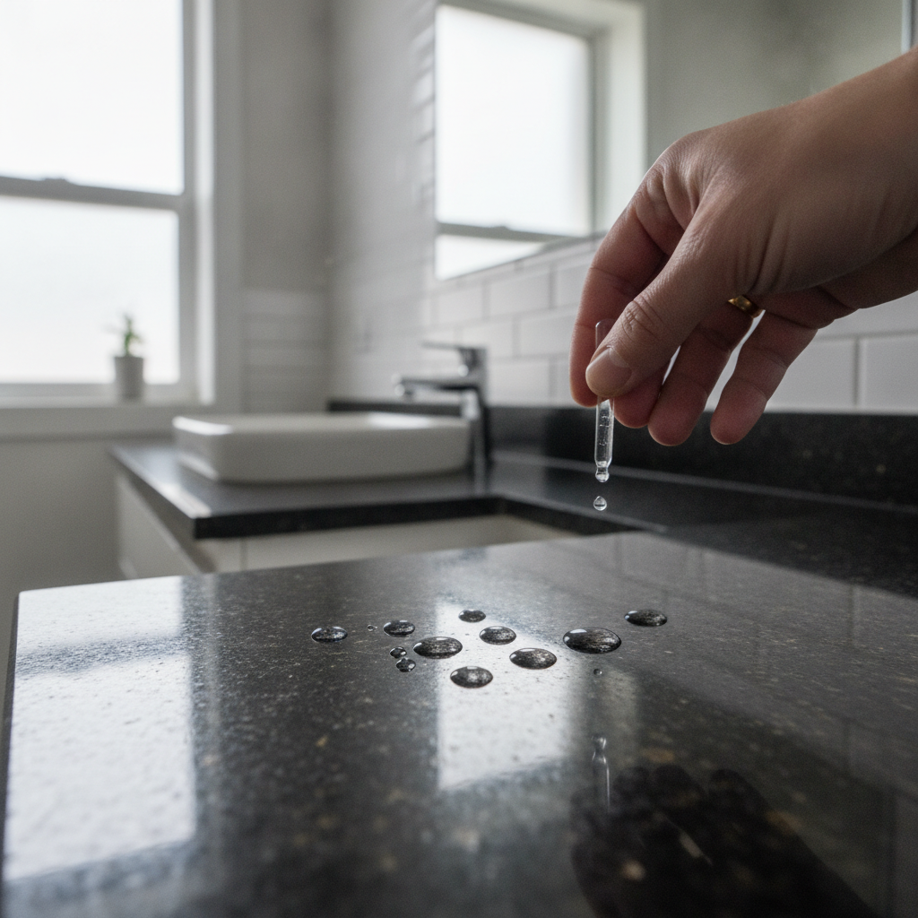 Close-up of a hand dropping water beads onto a dark, polished granite vanity top in a modern bathroom.