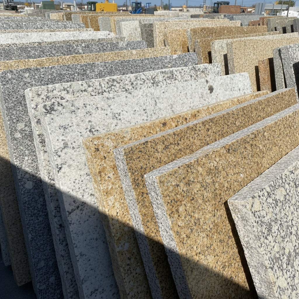 Close-up of stacked granite slab remnants at a stone fabrication yard, showcasing varied colors and textures.