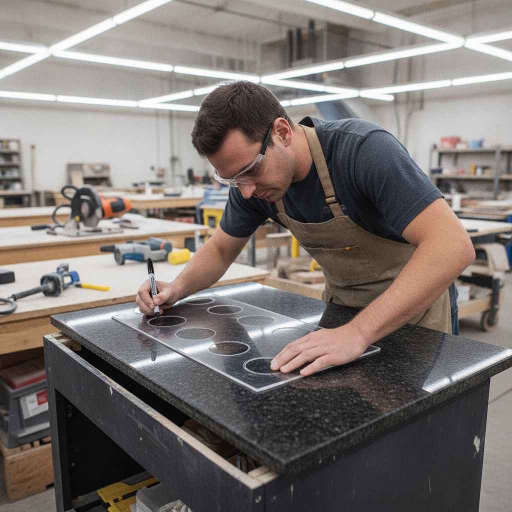 A stone fabricator uses a template to mark faucet hole positions on a granite bathroom vanity in a workshop.