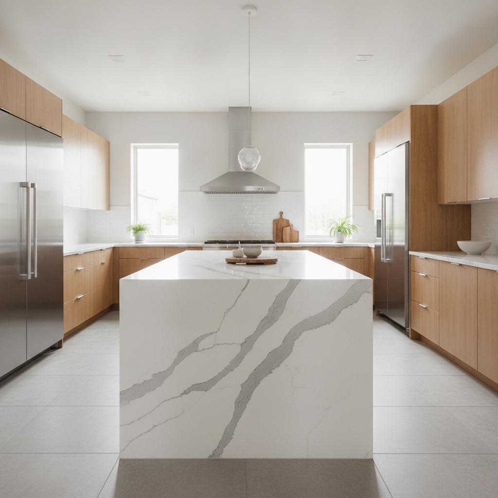 A modern Texas kitchen with a large island featuring white marble-look quartz countertops and warm natural wood cabinets.