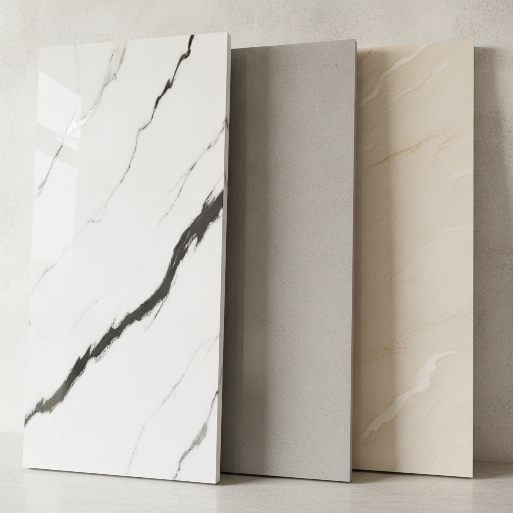 Three large quartz slabs, including white marble, concrete gray, and warm cream, in a showroom.