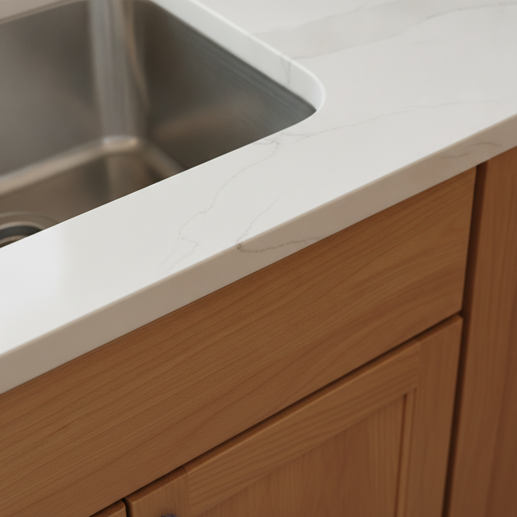 Overhead view of a kitchen's eased edge white quartz countertop next to an undermount sink and warm wood cabinets.