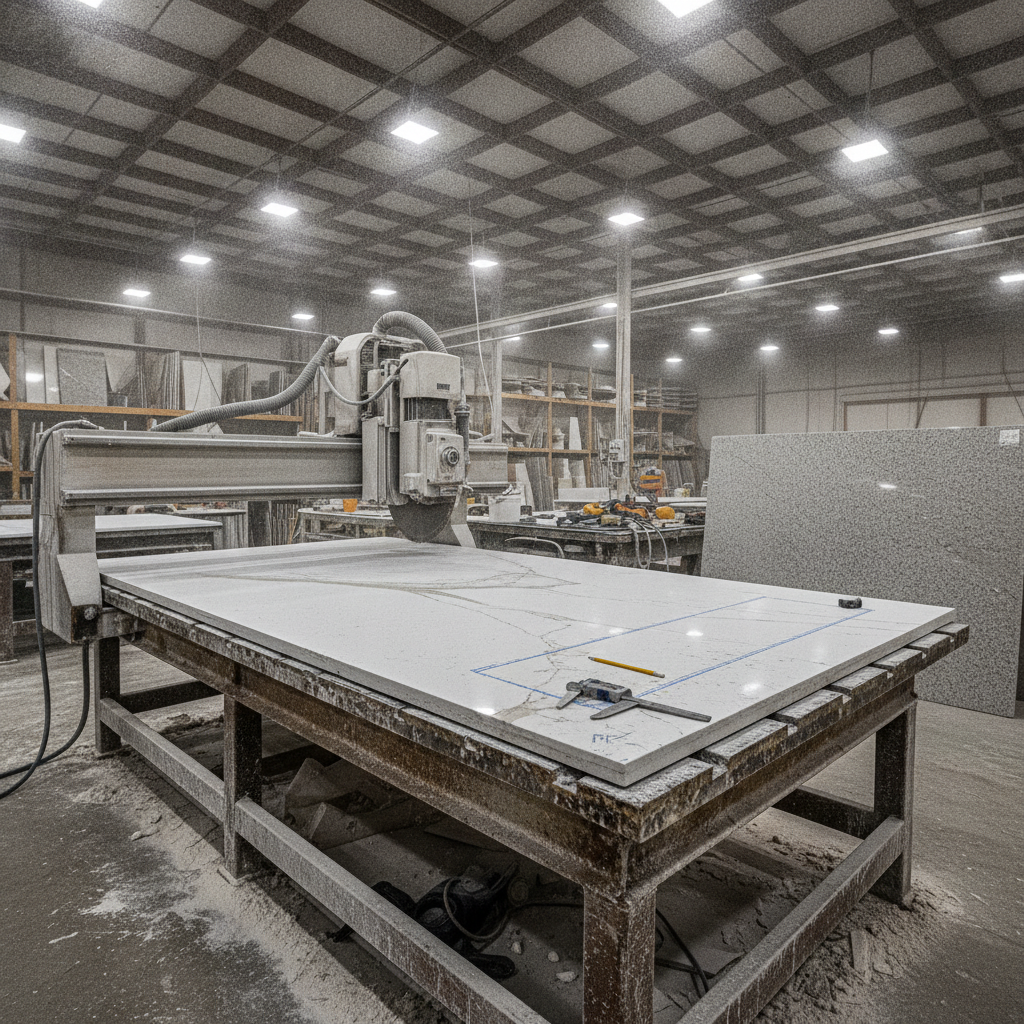 Photorealistic image of a stone fabricator's workshop in Texas, showing a large quartz slab on a CNC cutting table.