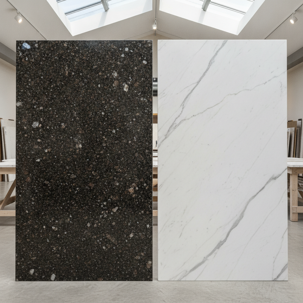 A photorealistic image of two natural stone countertop slabs displayed side by side in a well-lit stone fabrication showroom