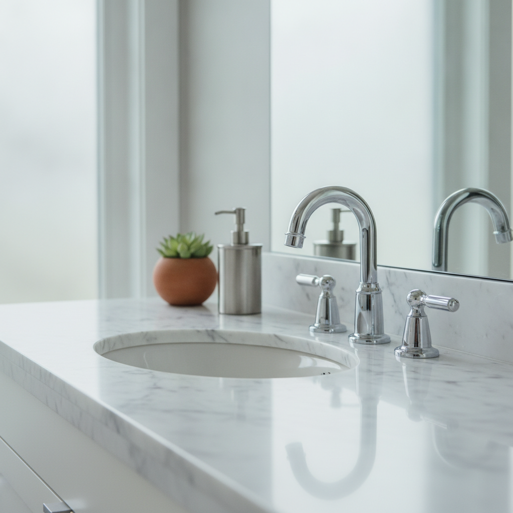 A clean white Carrara marble bathroom vanity with chrome fixtures and a small potted plant, lit by natural light.