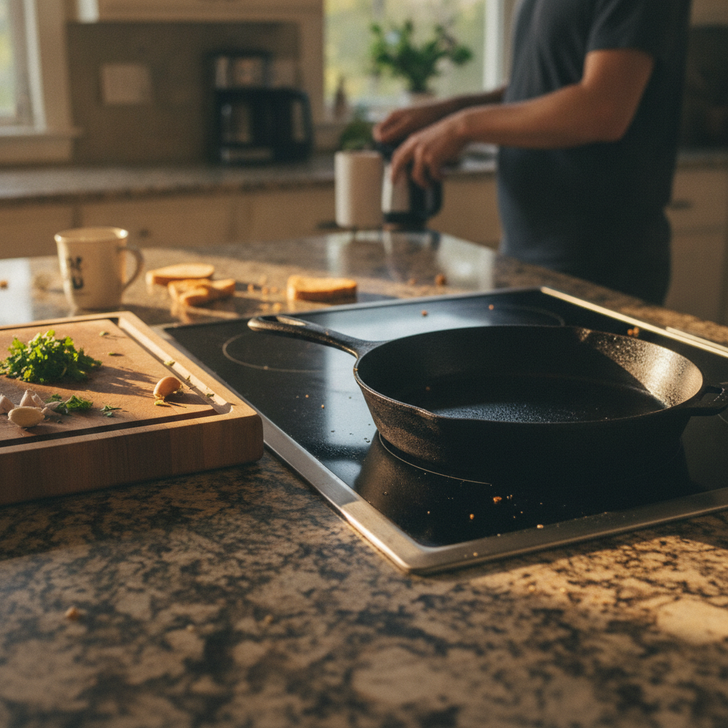 A cast iron skillet on a granite countertop, bathed in morning sunlight, with a cutting board and a person in the background.