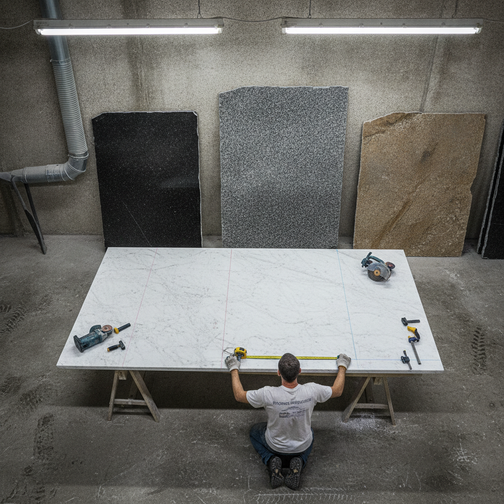 Overhead view of a man templating a large marble slab with measuring tape and chalk in a stone fabrication workshop.