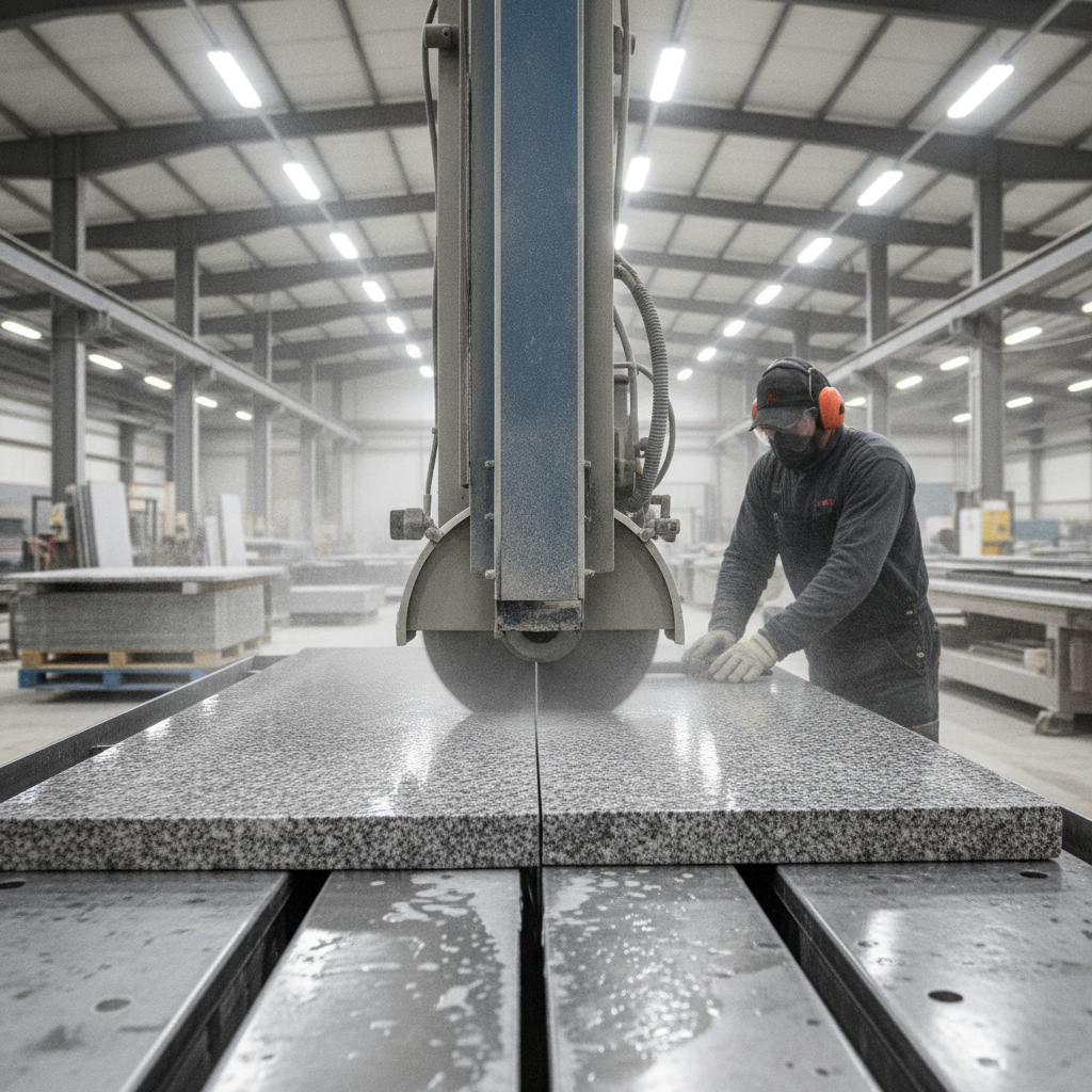 Professional stone fabricator using a bridge saw to cut a granite slab in an industrial workshop.