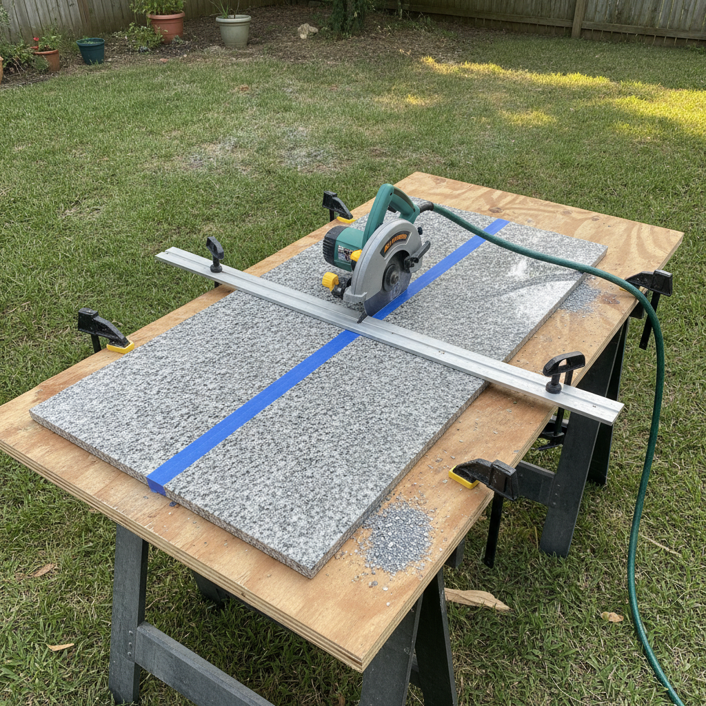 Homeowner's outdoor granite cutting setup with a saw, clamps, and water feed on plywood sawhorses in afternoon sunlight.