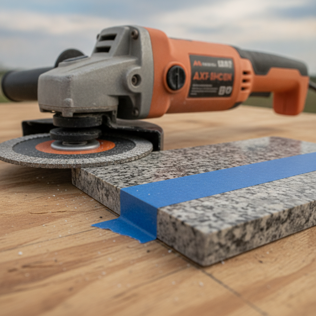 Close-up of an angle grinder with a diamond blade next to a granite tile with blue painter's tape on a plywood surface outdoors.