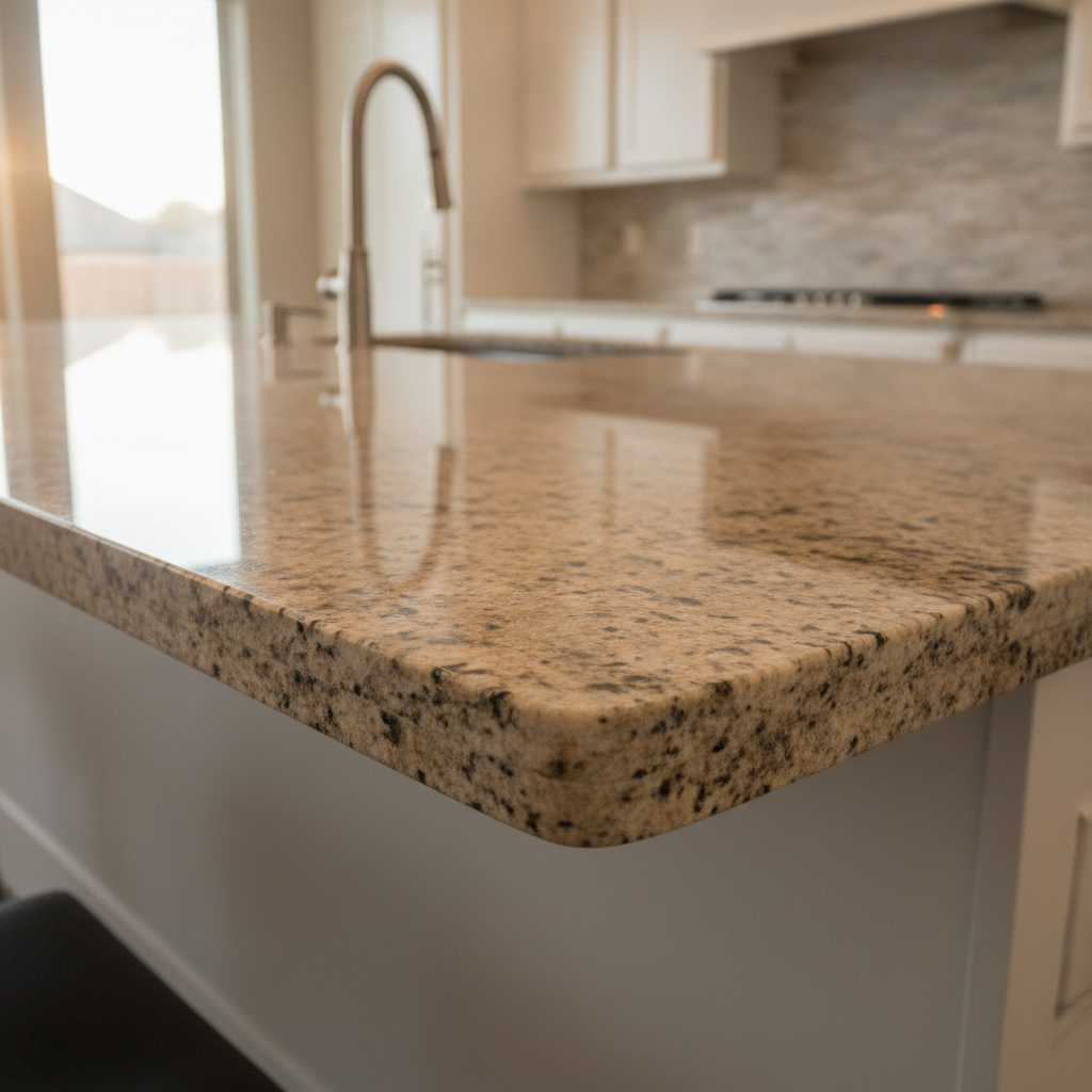 Polished bullnose granite countertop edge in a bright Central Texas kitchen with white cabinets and natural stone backsplash.