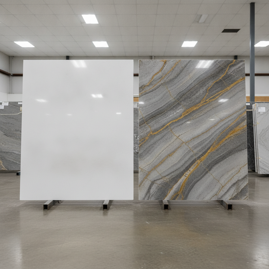 Two large countertop slabs: one white quartz and one gray and gold quartzite, displayed in a showroom.