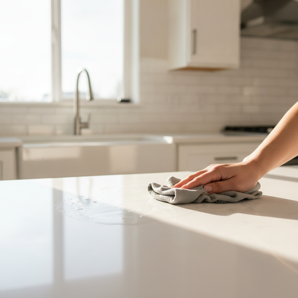 Hand wiping down a clean white quartz kitchen countertop with a damp cloth near a farmhouse sink