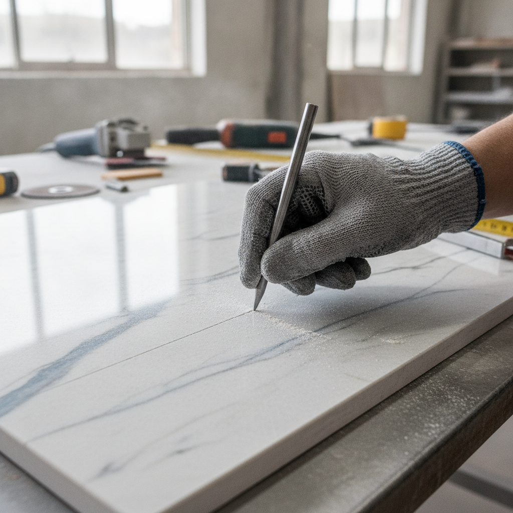 A gloved hand presses a scratch test tool against a quartzite slab in a fabrication shop, with tools in the background.
