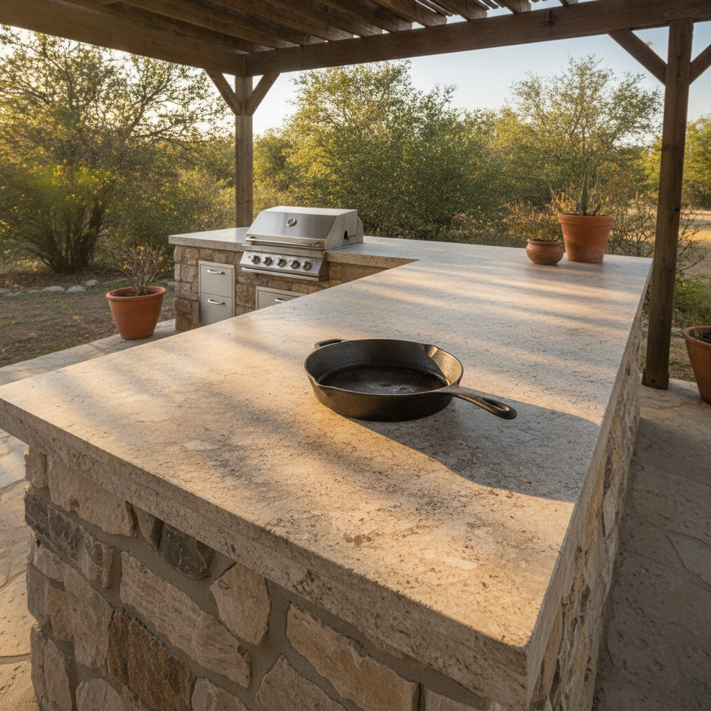 Outdoor kitchen with natural quartzite countertop, cast-iron skillet, and warm afternoon shadows in a Texas patio setting.