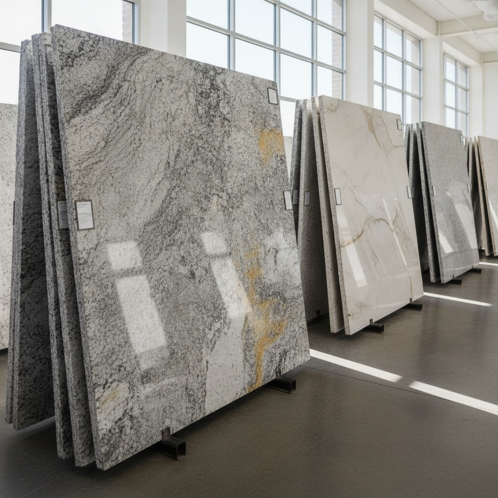 Wide-angle photorealistic shot of a Texas kitchen showroom floor displaying large granite and quartz slabs in rows
