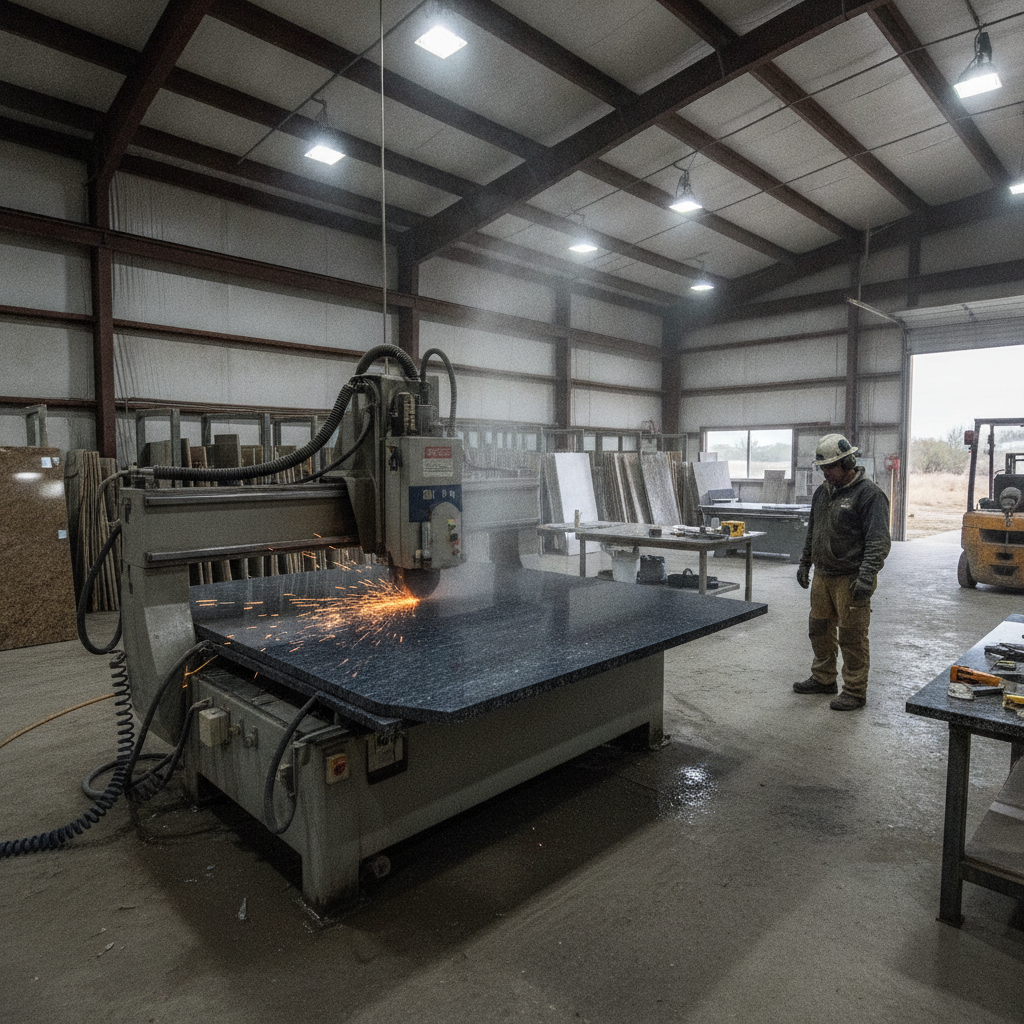 A worker in safety gear watches a CNC machine cutting granite in a Central Texas stone fabrication shop.