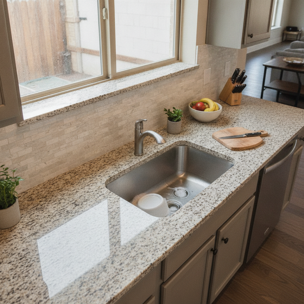 Overhead shot of a modern kitchen countertop with granite, an undermount sink, and quartz backsplash.