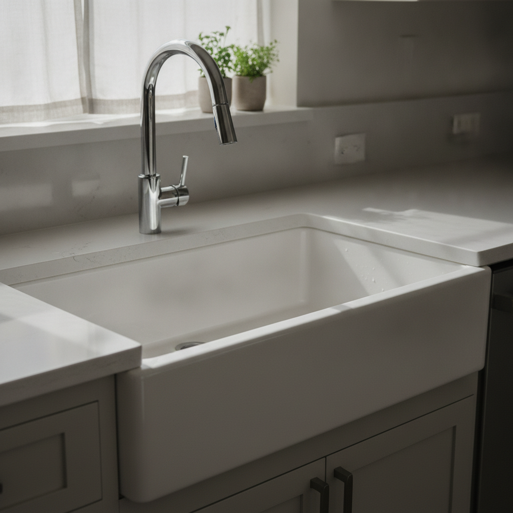 A white fireclay farmhouse sink in a light gray quartz countertop in a bright Texas kitchen with natural window light.
