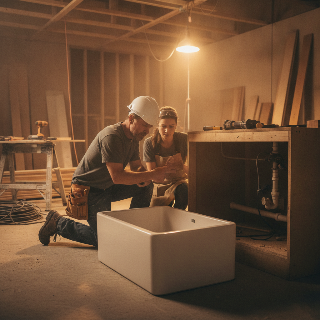 A contractor and a cabinet maker review a fireclay farmhouse sink in an unfinished kitchen with warm workshop lighting.