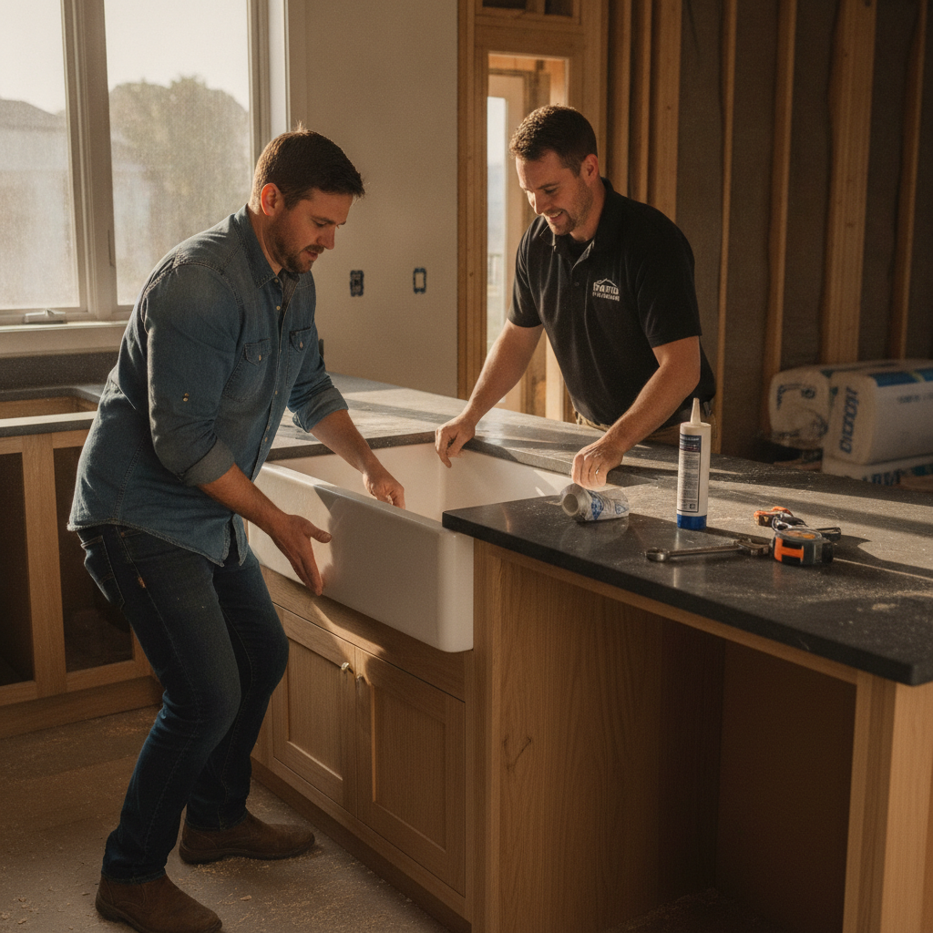 Homeowner and plumber carefully lowering a heavy white fireclay farmhouse sink into a quartz-topped cabinet during kitchen renovation.