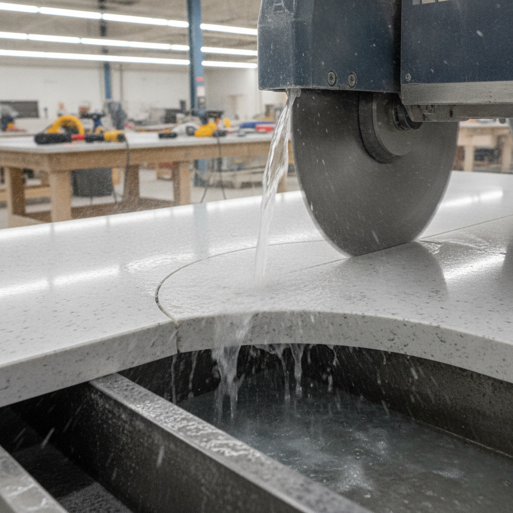 Close-up of a wet saw cutting a curved inside corner on a thick quartz slab in a fabrication shop.