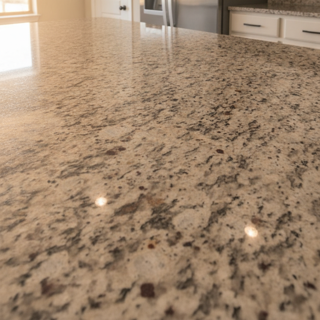 Close-up of a polished granite countertop in a bright, modern Texas kitchen, showcasing natural grain and mineral flecks.