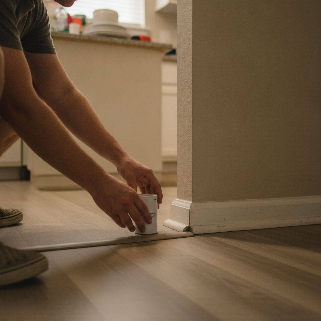 Homeowner placing a small cylindrical radon test canister on a kitchen floor near a baseboard in a Texas suburban home.