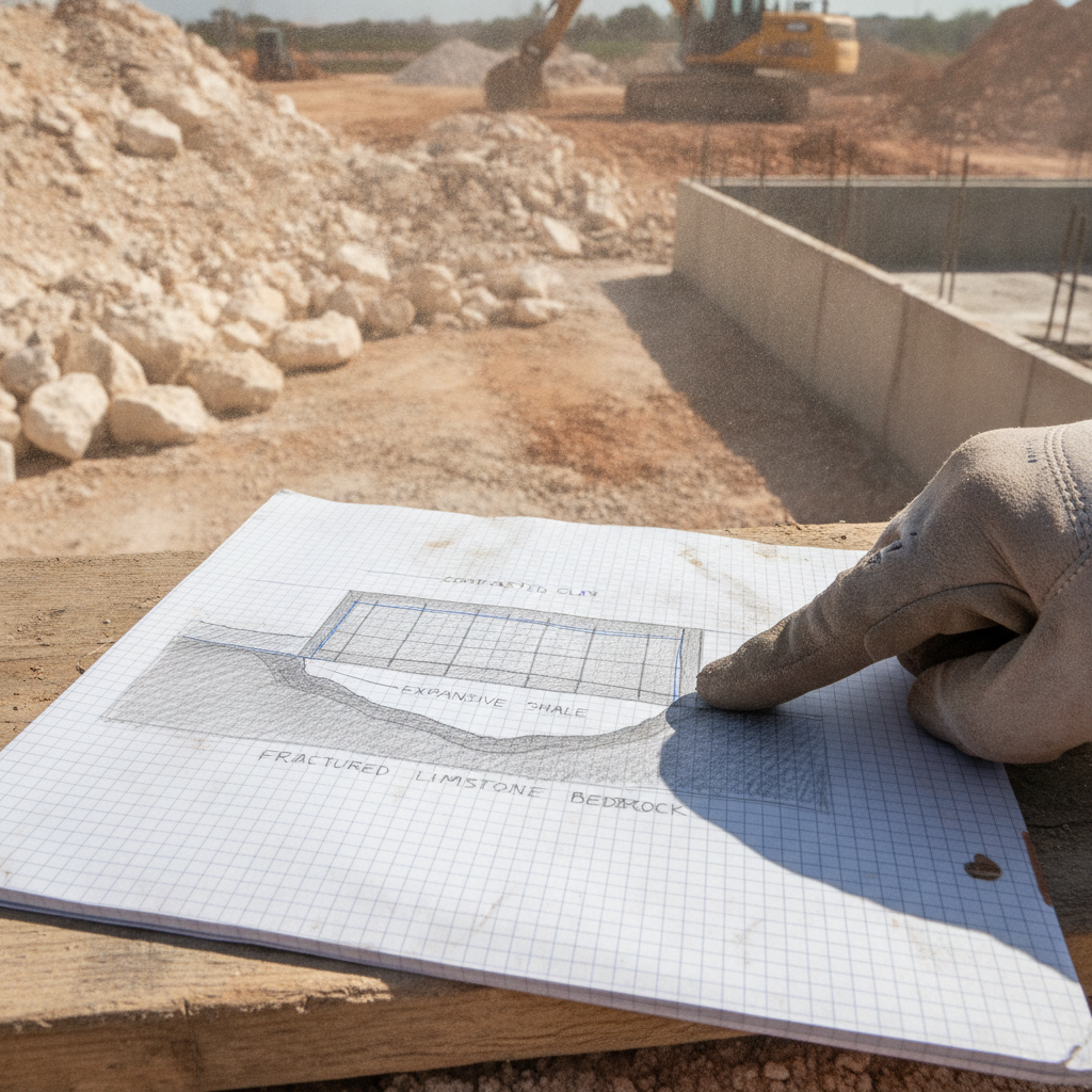 A hand points to a soil layer diagram on a dusty construction site in Central Texas limestone terrain.