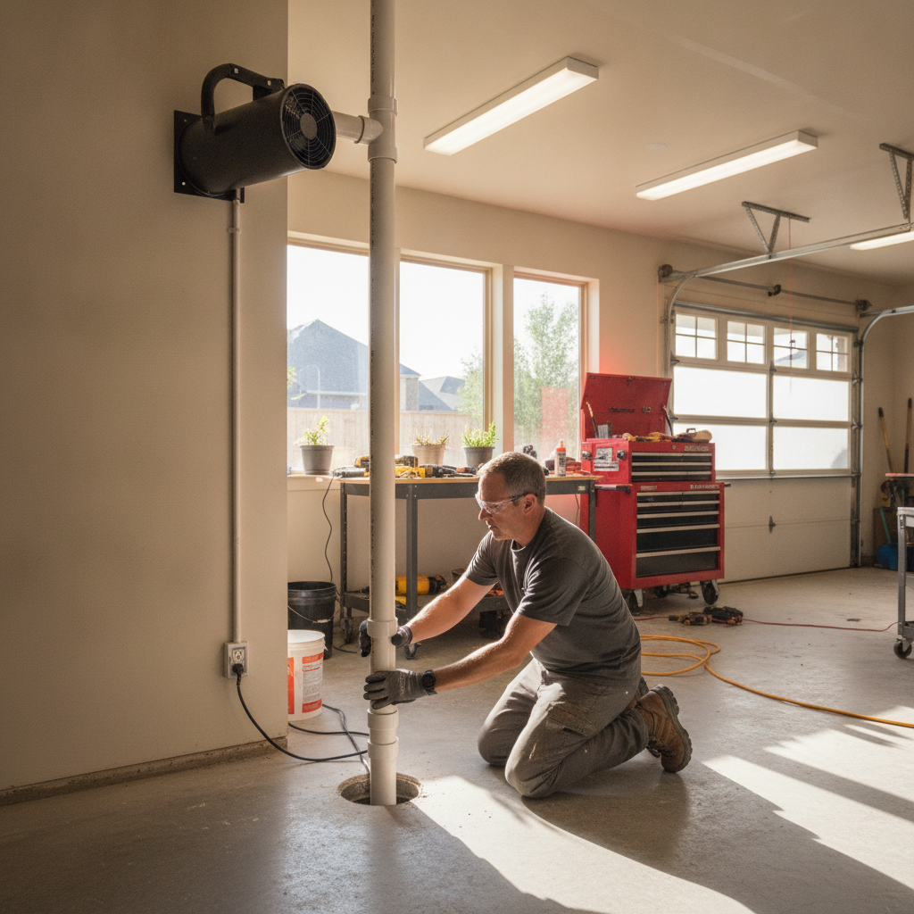 A certified radon mitigation technician installs a white PVC pipe system through a garage slab, with a fan unit visible.