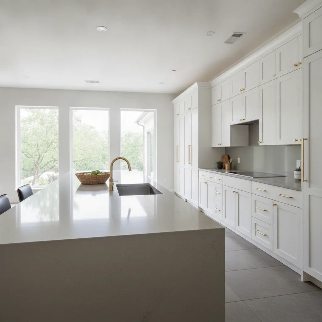 A wide-angle photorealistic photograph of a modern Austin Texas kitchen interior with natural light.