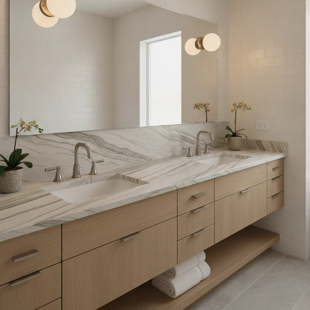 A luxurious Austin, TX bathroom vanity with a honed quartzite countertop, undermount sinks, and brushed nickel fixtures.