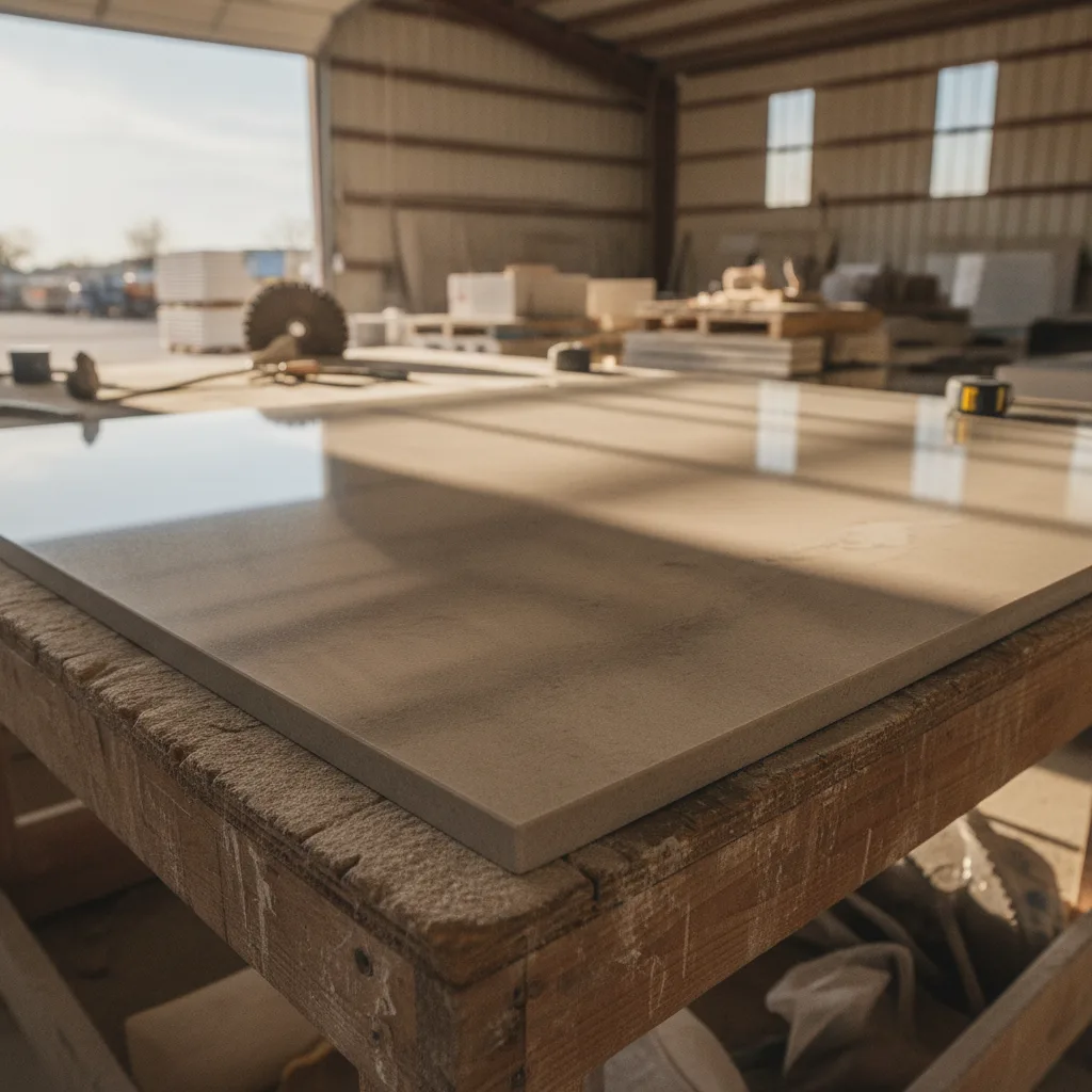 Close-up of a greige polished quartz slab on a workbench in a Texas slab yard with natural daylight and soft shadows.