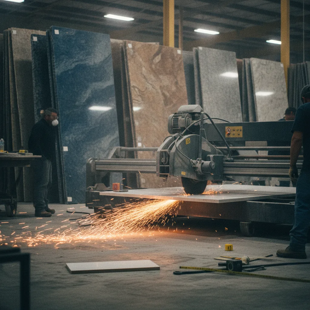 A stone-cutting saw in operation on a white quartz slab, creating sparks on a Texas shop floor.