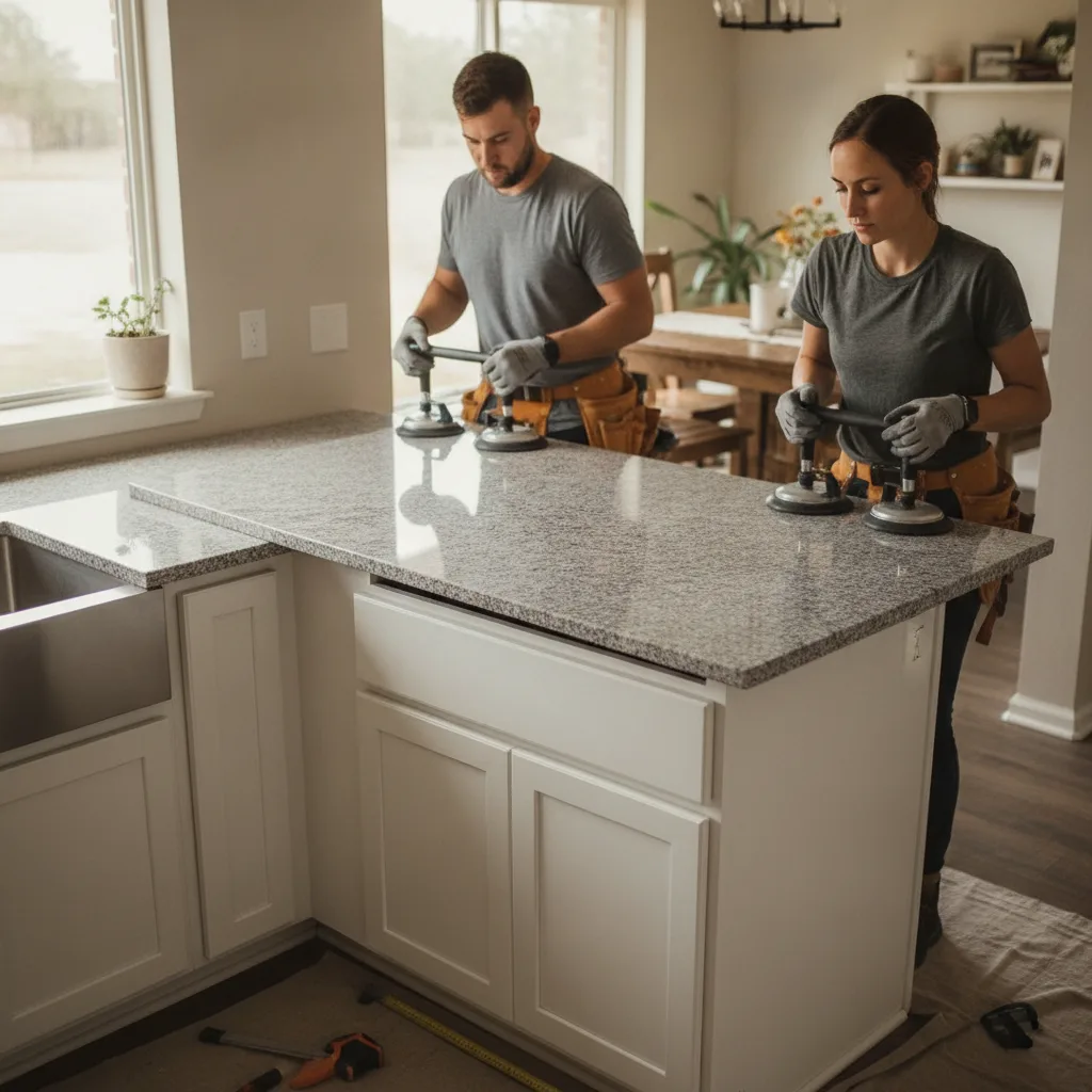 Two stone installers carefully lowering a large gray granite slab onto white kitchen cabinets.