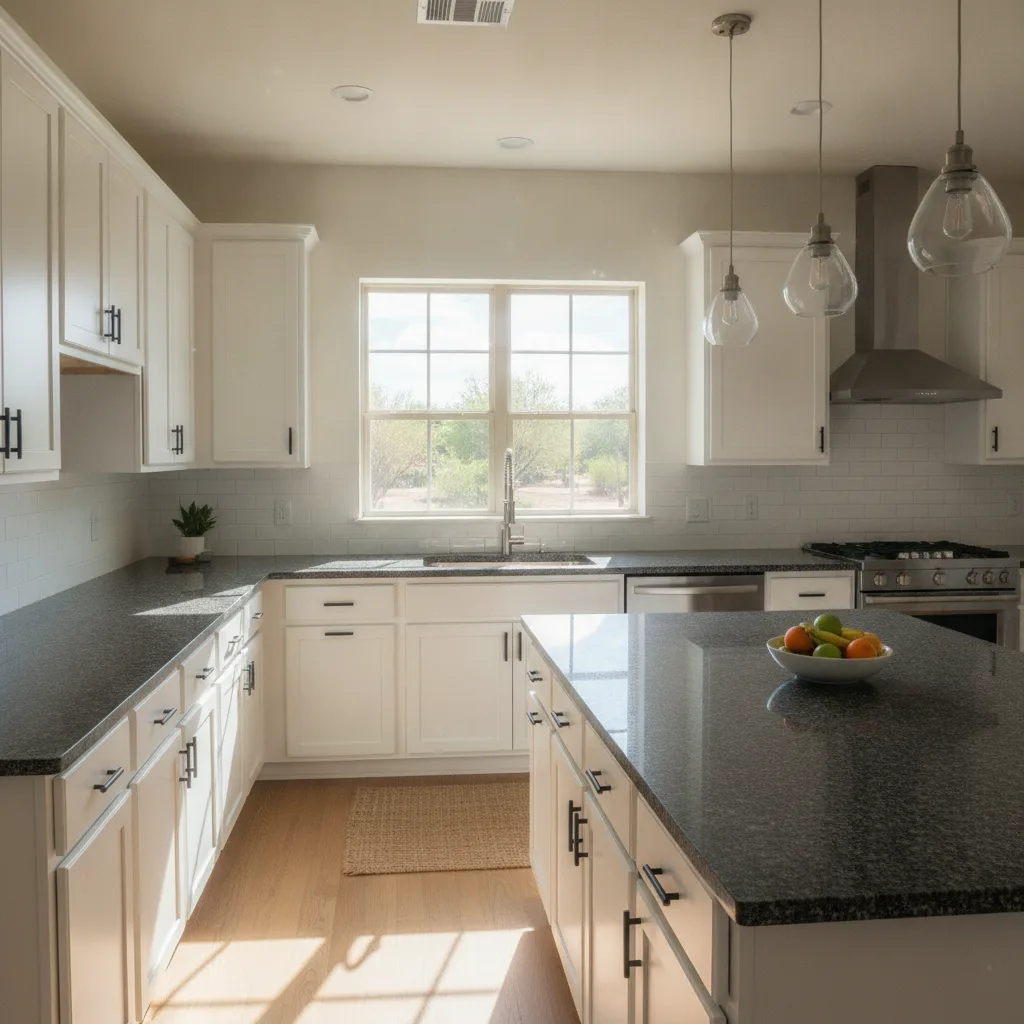 A modern kitchen with dark gray granite countertops, white subway tile backsplash, and an undermount stainless steel sink.