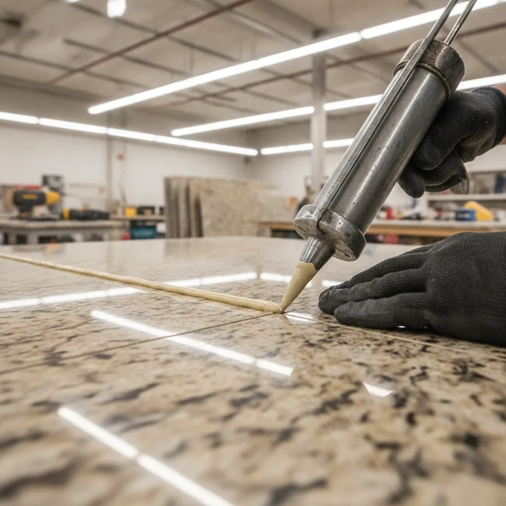 A stone fabricator applies color-matched epoxy to a granite countertop seam with a caulk gun in a brightly lit shop.