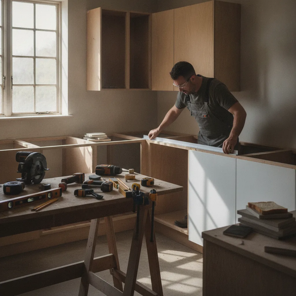 A stone fabrication technician measures kitchen cabinet dimensions with a rigid overlay template strip.