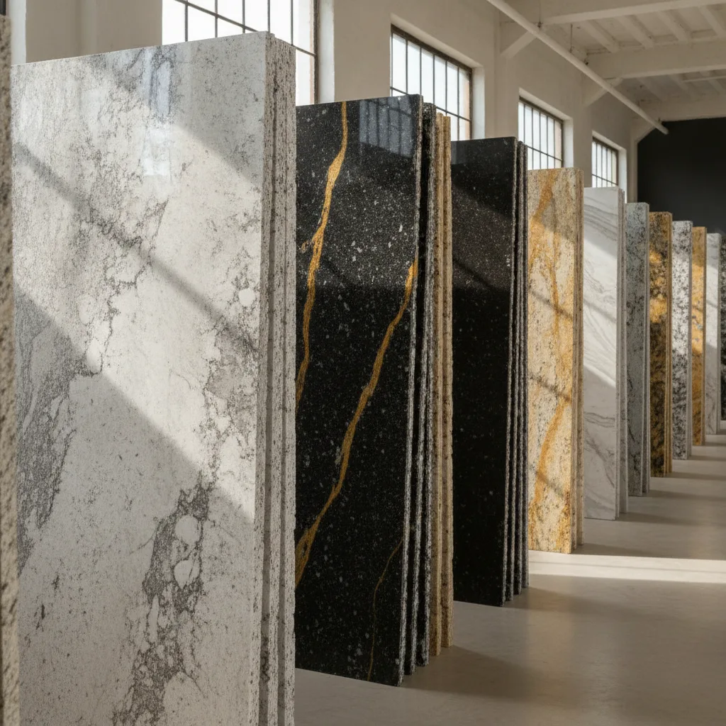 Wide shot inside a granite showroom, with rows of white, gray, black, and gold granite slabs standing upright.