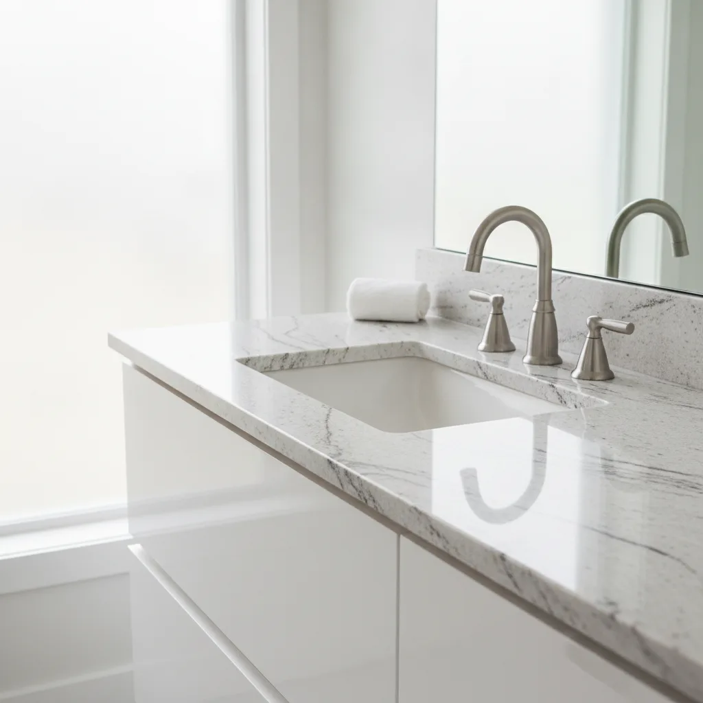 Photorealistic bathroom vanity with Alaska White granite countertop, white cabinet, brushed nickel fixtures, and natural light