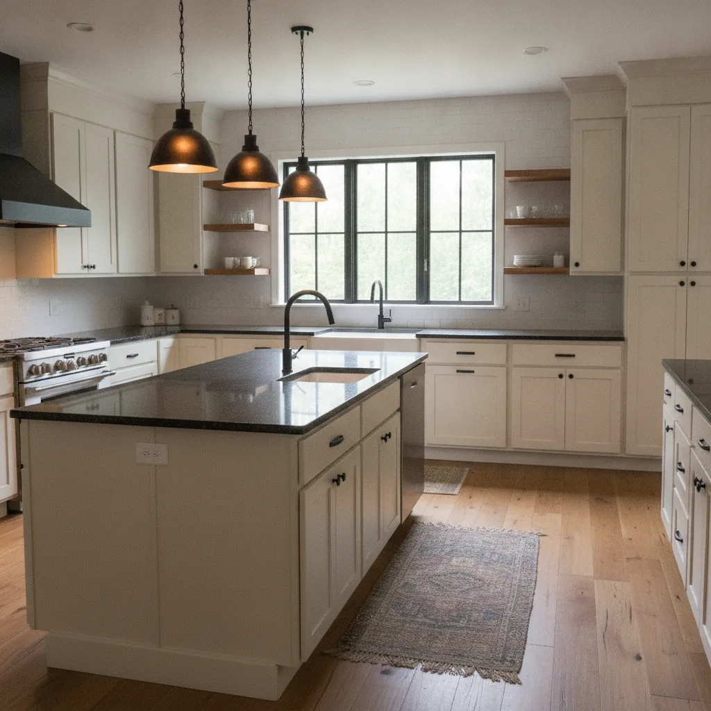 Modern farmhouse kitchen with black leathered granite island, cream shaker cabinets, matte black fixtures, and warm lighting.