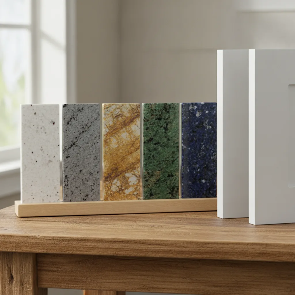 Close-up of a kitchen countertop sample board with six granite color swatches and white shaker cabinet doors on a wooden table.