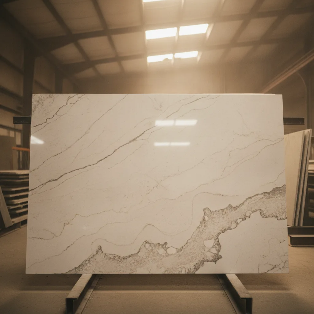 Polished quartzite countertop slab with white and gray veining on a fabrication shop rack under skylight, warm neutral tones.