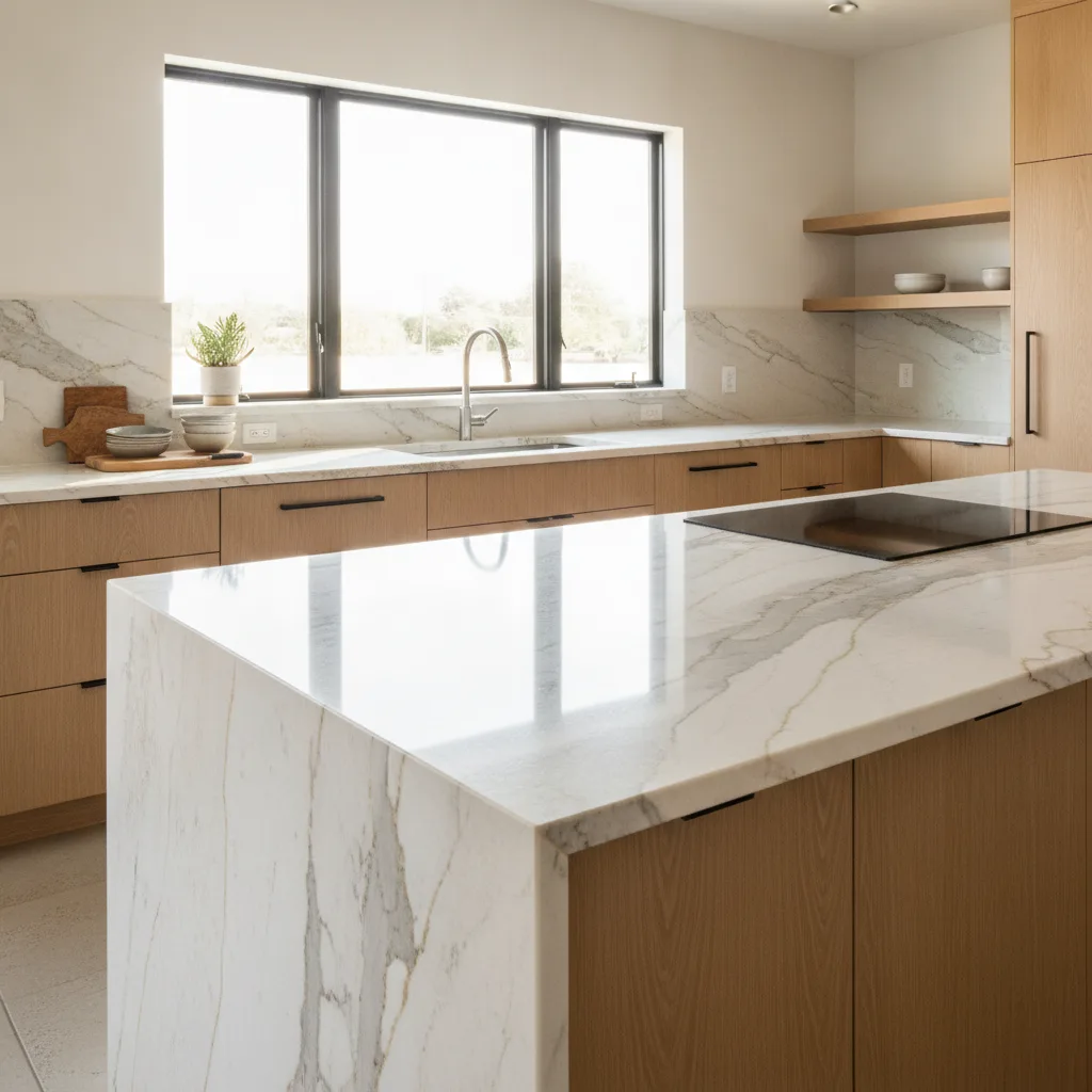 A bright kitchen with quartzite countertops, light wood cabinets, and large window.